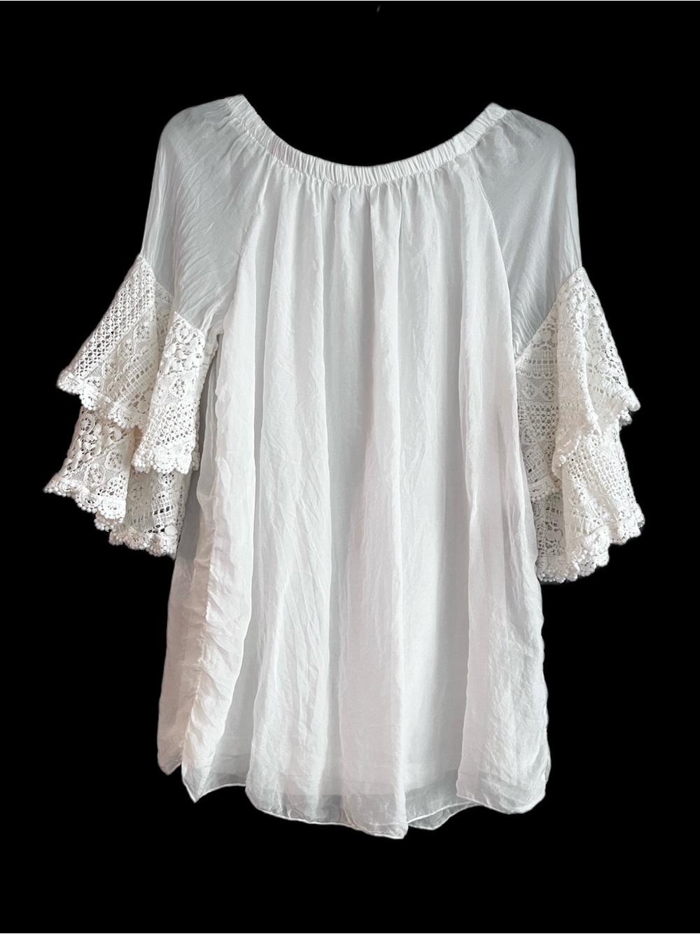 Boho Romantic White 100% Italian Silk Blouse Lace Sleeves Off Shoulder Size M - Picture 2 of 12